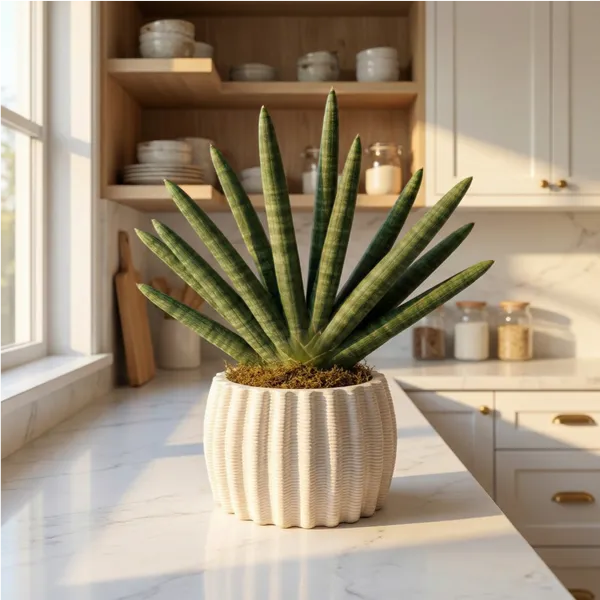 Sansevieria Cylindrica Swasdi in vaso artigianale Dioniso su piano cucina moderna in marmo con luce mattutina