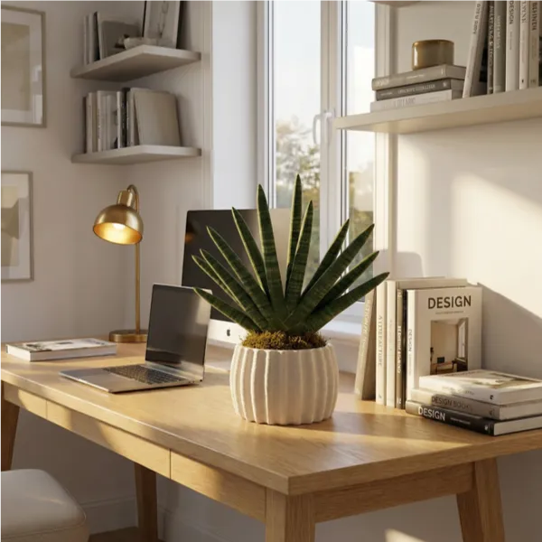 Sansevieria Cylindrica Swasdi in vaso ceramica Dioniso su scrivania home office moderno con luce naturale calda