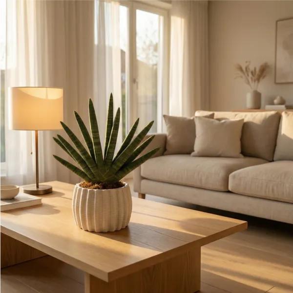 Sansevieria Cylindrica Swasdi in vaso ceramica artigianale Dioniso su tavolino in soggiorno moderno con luce calda