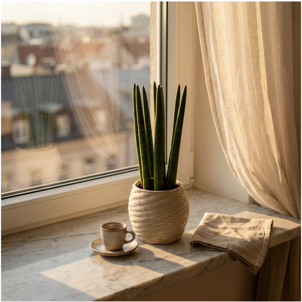 Sansevieria cylindrica in vaso Carina su davanzale marmo con luce calda dorata del tramonto