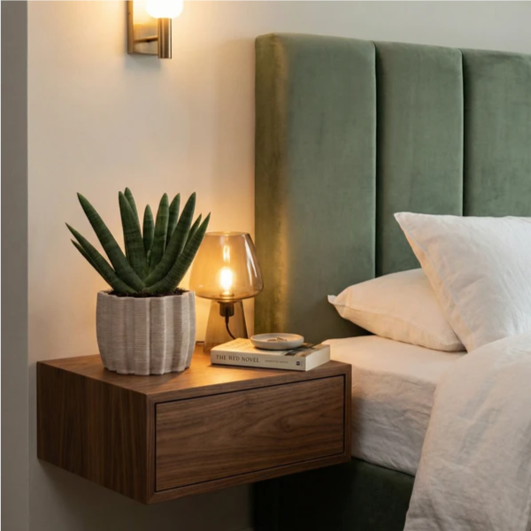 Sansevieria Swasdi in vaso Aresi su comodino sospeso in camera con testiera verde salvia e lampada