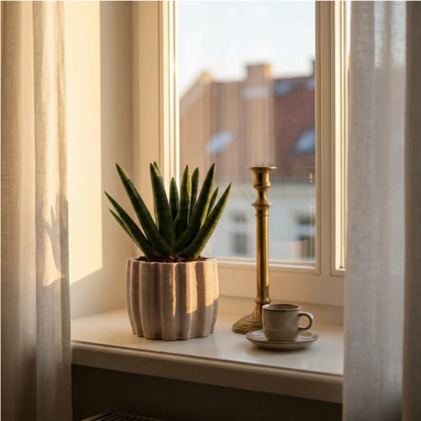 Sansevieria Swasdi in vaso Aresi su davanzale con candeliere ottone e tazzina espresso al tramonto