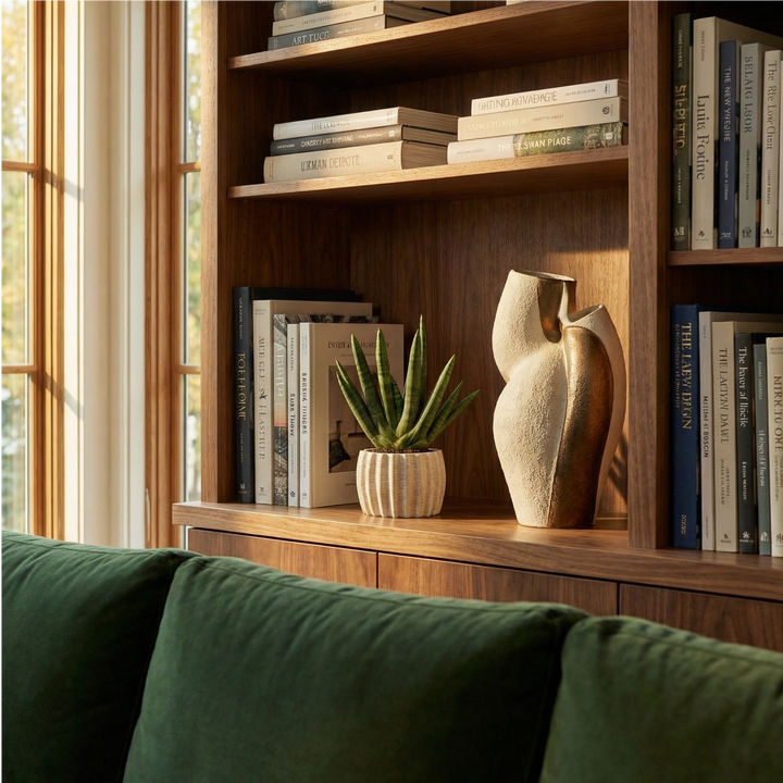 Sansevieria Swasdi in vaso Dioniso in libreria noce con libri d'arte e scultura ceramica dorata