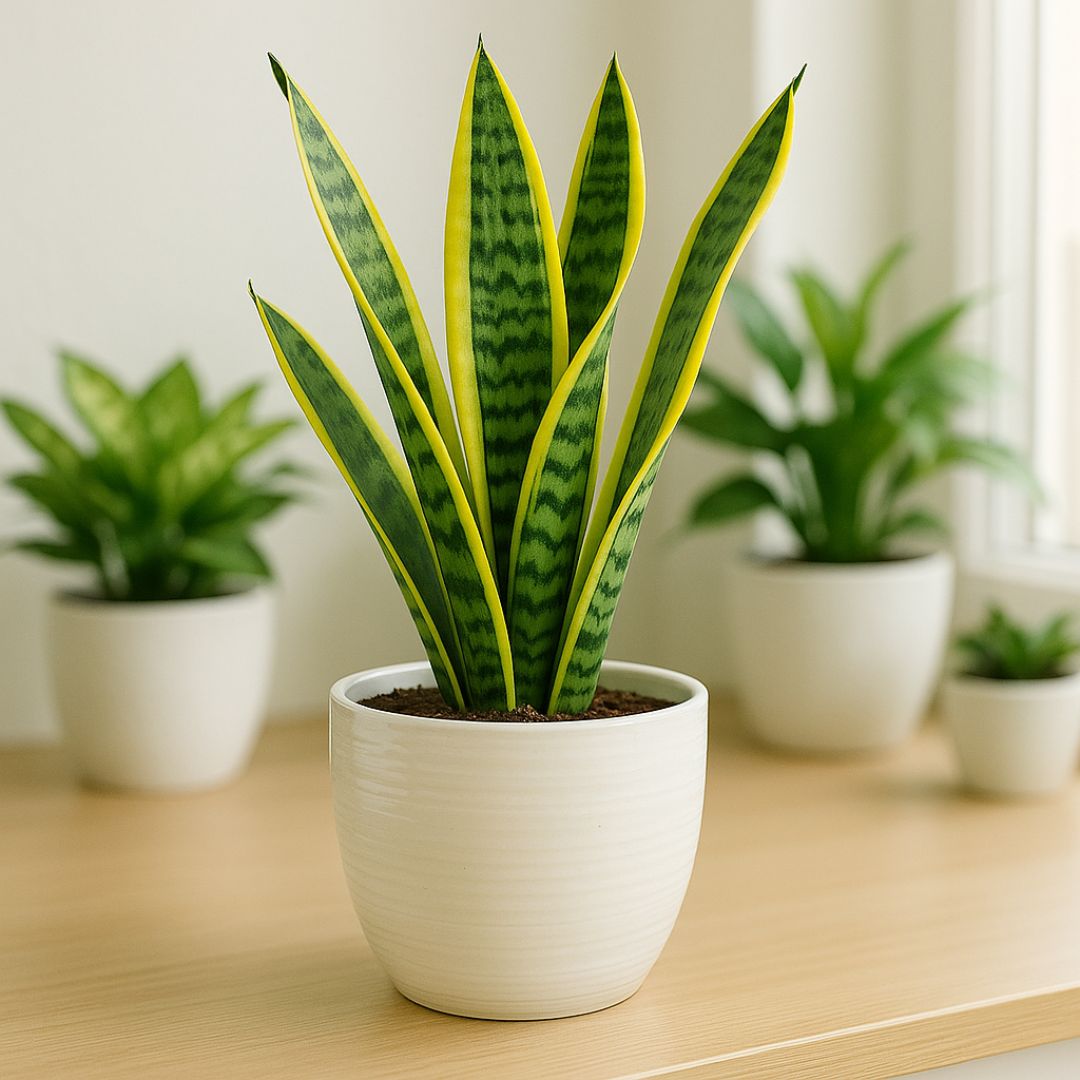 Pianta di sansevieria laurentii in vaso Bergamo tondo in ceramica bianca lucida, posizionata su una mensola luminosa.