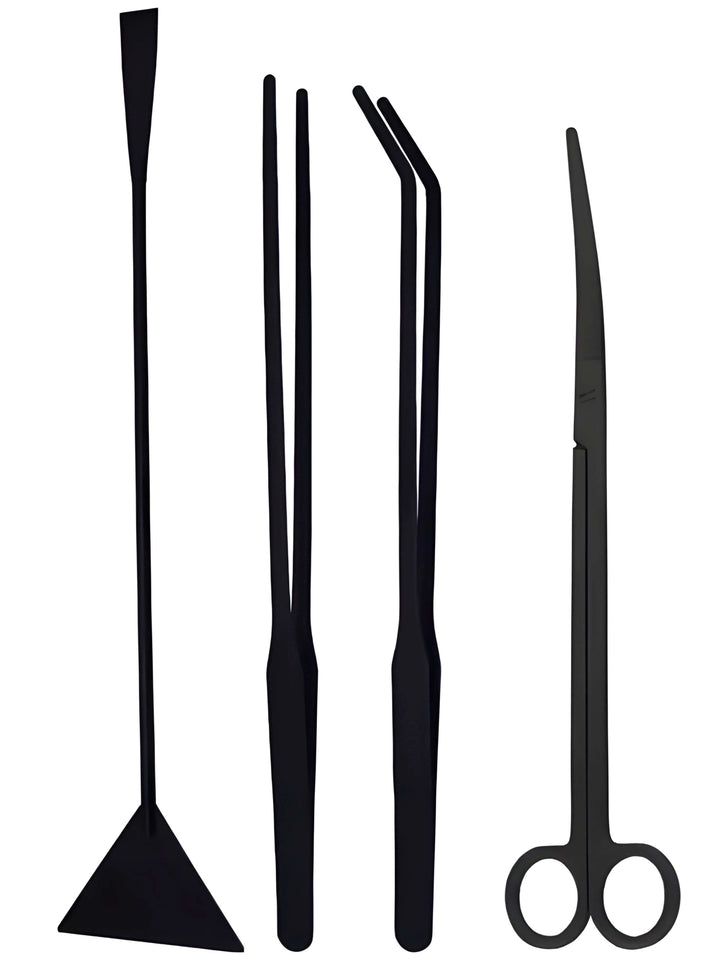 Set attrezzi professionali in acciaio per terrarium, pinzette di precisione, forbici curve, palette e uncini, strumenti di alta qualità per manutenzione e creazione terrari, ideali per piante miniatura e composizioni - I Giardini di Giulia