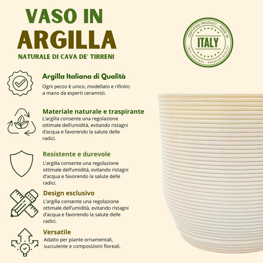 Caratteristiche del vaso in argilla naturale di Cava de’ Tirreni: materiale traspirante, resistente e dal design esclusivo.