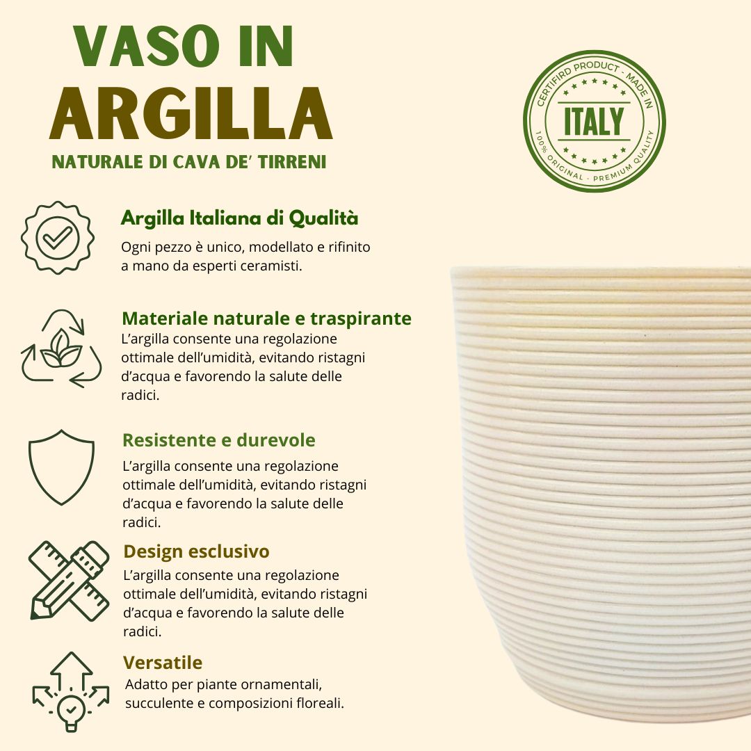 Caratteristiche del vaso in argilla naturale di Cava de’ Tirreni: materiale traspirante, resistente e dal design esclusivo.