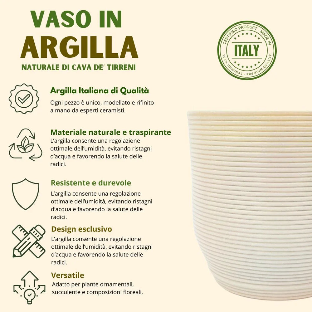 Caratteristiche del vaso in argilla naturale di Cava de’ Tirreni: materiale traspirante, resistente e dal design esclusivo.