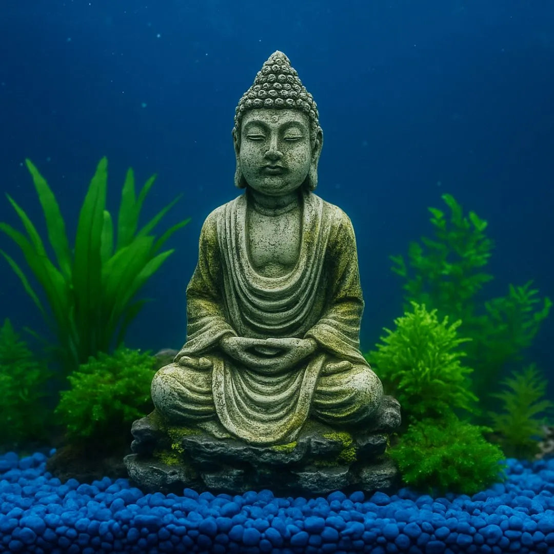 Statua di Buddha in resina immersa in acquario, con ghiaia blu e piante acquatiche, decorazione zen per fondale rilassante.