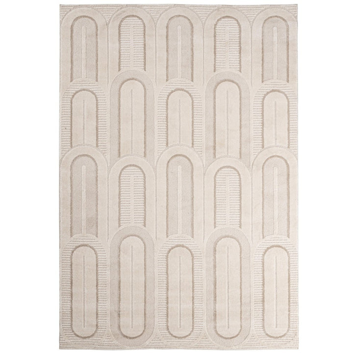  Tappeto contemporaneo color beige con motivo ad archi e linee in rilievo, ideale per arredamenti minimal e moderni