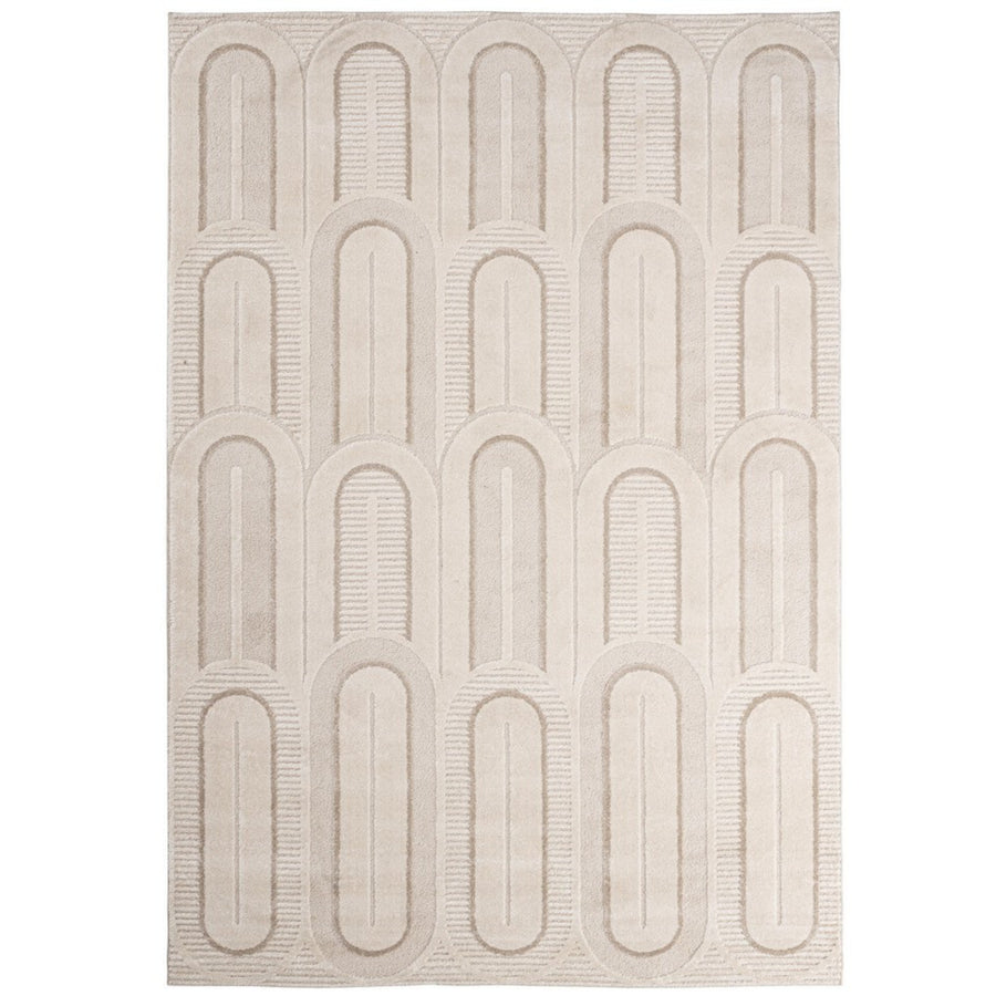  Tappeto contemporaneo color beige con motivo ad archi e linee in rilievo, ideale per arredamenti minimal e moderni