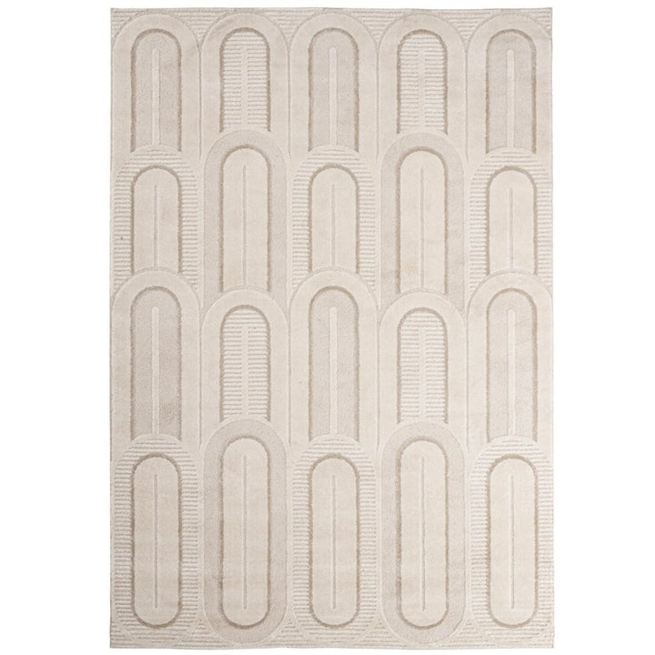  Tappeto contemporaneo color beige con motivo ad archi e linee in rilievo, ideale per arredamenti minimal e moderni