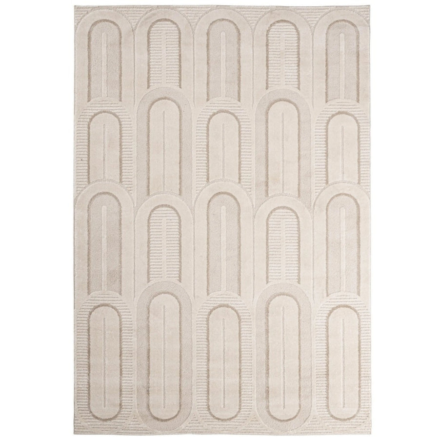  Tappeto contemporaneo color beige con motivo ad archi e linee in rilievo, ideale per arredamenti minimal e moderni