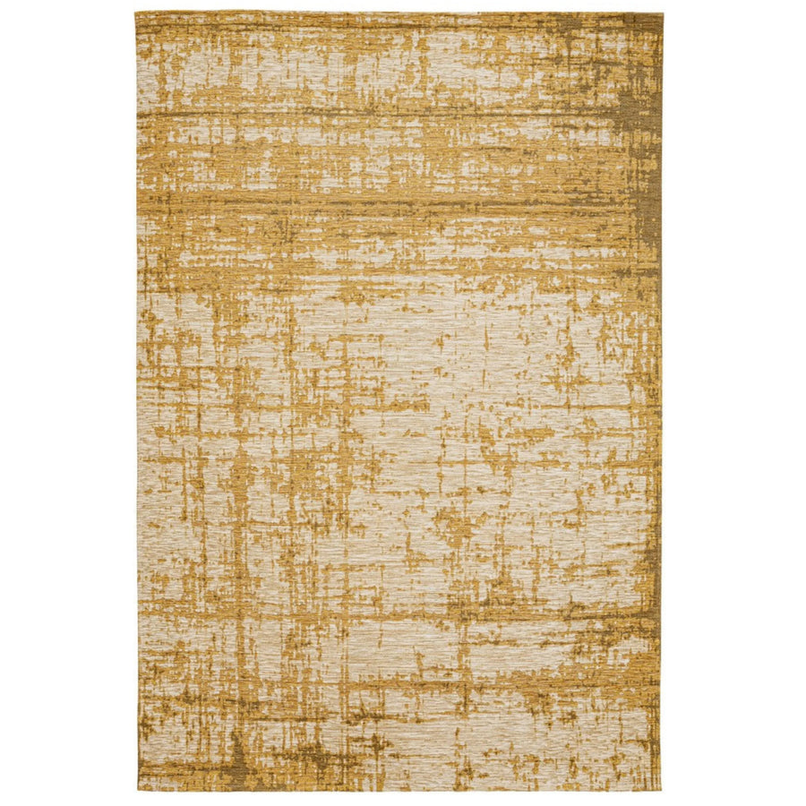 Tappeto rettangolare moderno in viscosa, con pattern astratto color senape e fondo chiaro, visto frontalmente.
