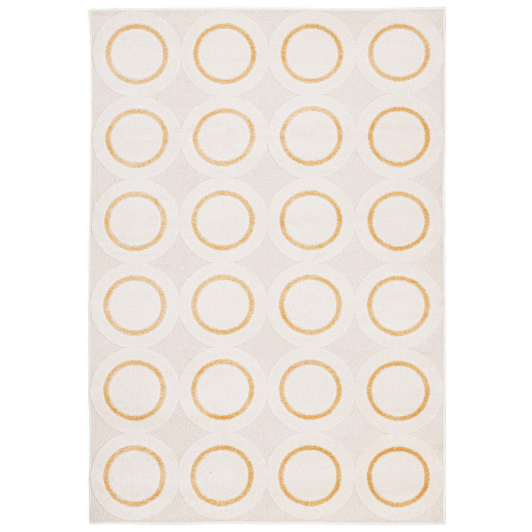 Tappeto moderno con motivo a cerchi concentrici giallo ocra su fondo beige – vista frontale, design geometrico perfetto per salotti moderni e ambienti contemporanei.