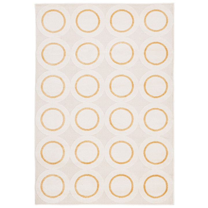 Tappeto moderno con motivo a cerchi concentrici giallo ocra su fondo beige – vista frontale, design geometrico perfetto per salotti moderni e ambienti contemporanei.