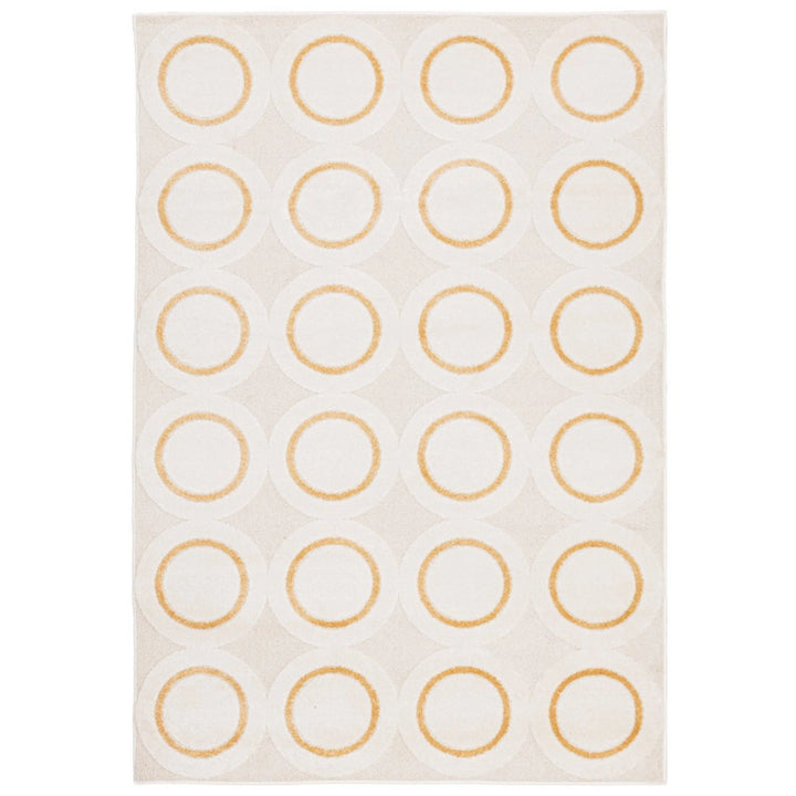 Tappeto moderno con motivo a cerchi concentrici giallo ocra su fondo beige – vista frontale, design geometrico perfetto per salotti moderni e ambienti contemporanei.