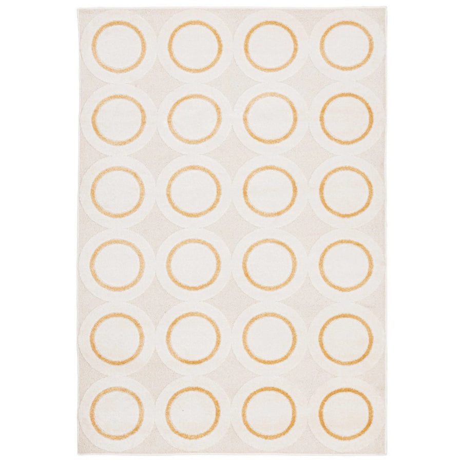 Tappeto moderno con motivo a cerchi concentrici giallo ocra su fondo beige – vista frontale, design geometrico perfetto per salotti moderni e ambienti contemporanei.