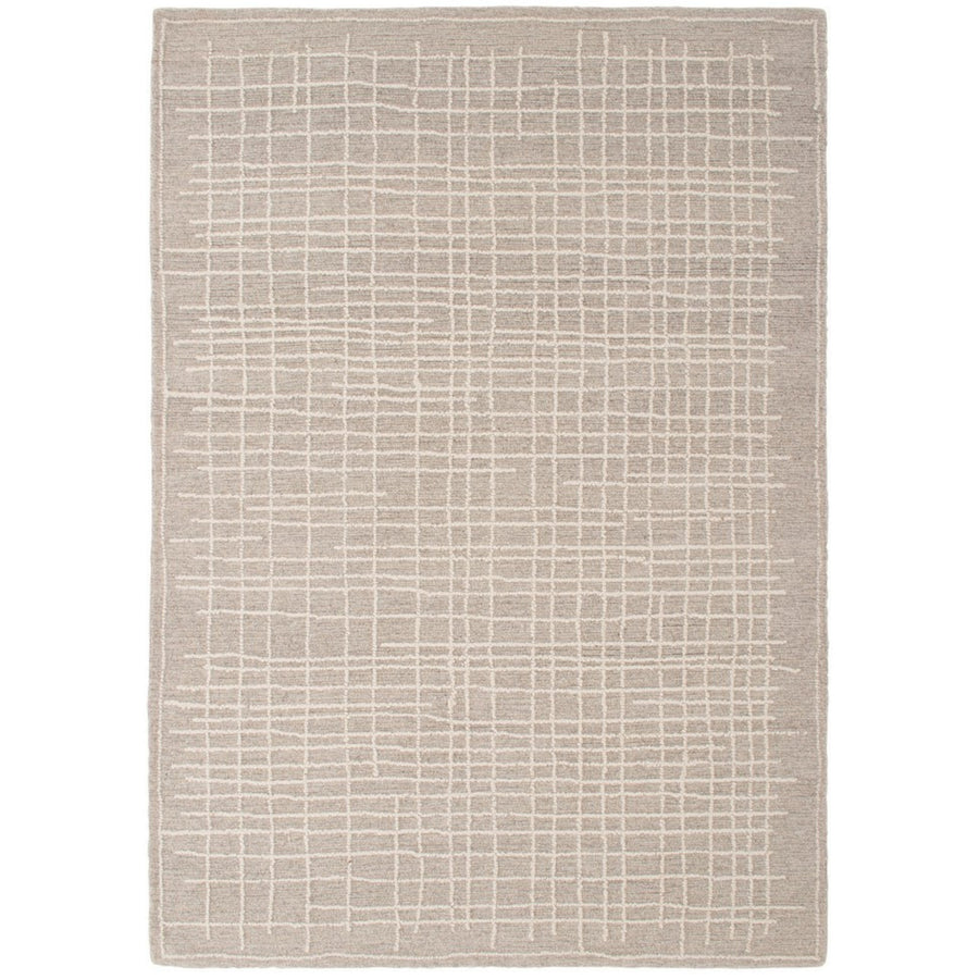 Tappeto moderno grigio chiaro con motivo geometrico a griglia in rilievo – vista dall'alto