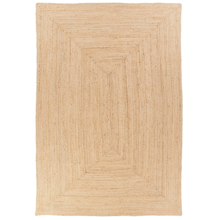 Tappeto in juta naturale con motivo geometrico rettangolare, intreccio artigianale e finitura neutra.
