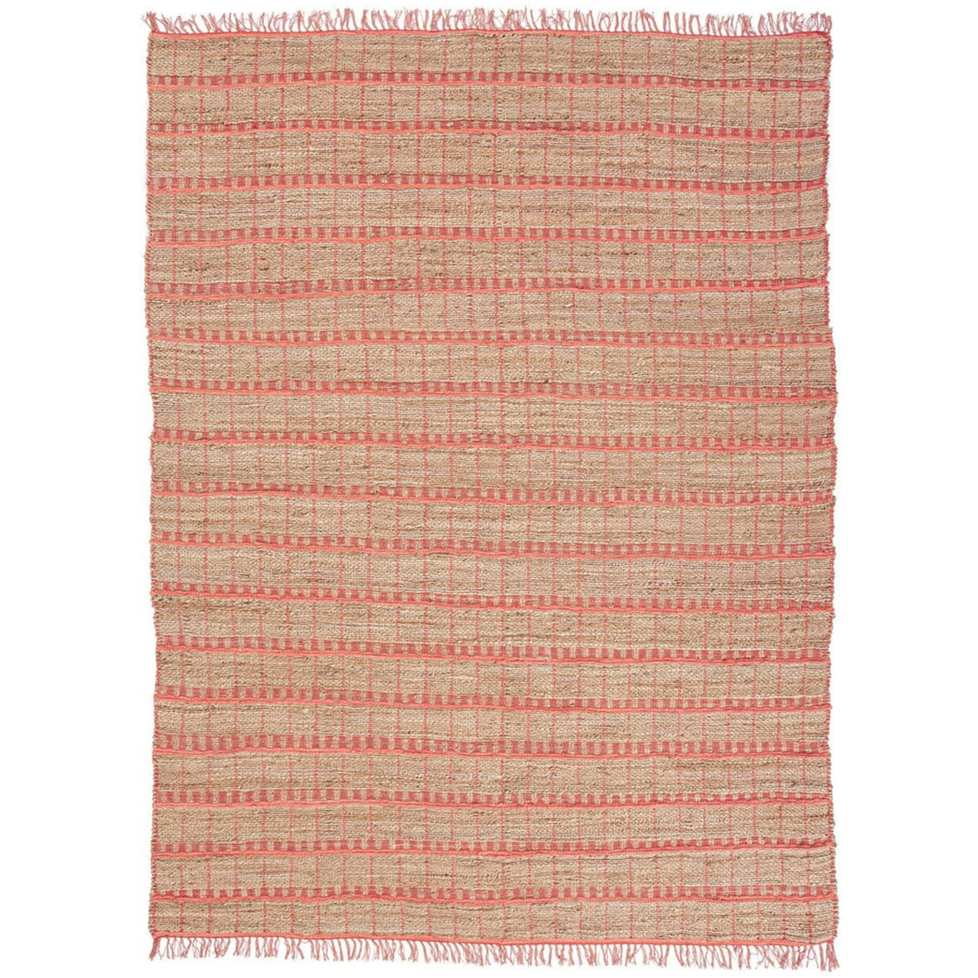 Tappeto rettangolare in juta naturale con motivo a intreccio rosa e frange sui lati corti, design rustico e artigianale.