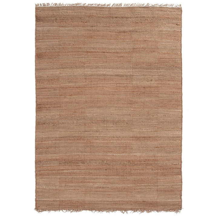 Tappeto in juta naturale con frange, intreccio sottile e finitura monocromatica, visto frontalmente.

