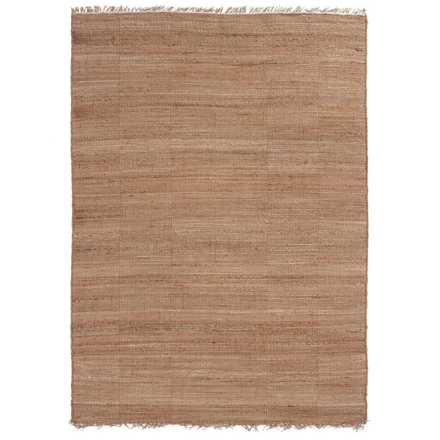 Tappeto in juta naturale con frange, intreccio sottile e finitura monocromatica, visto frontalmente.

