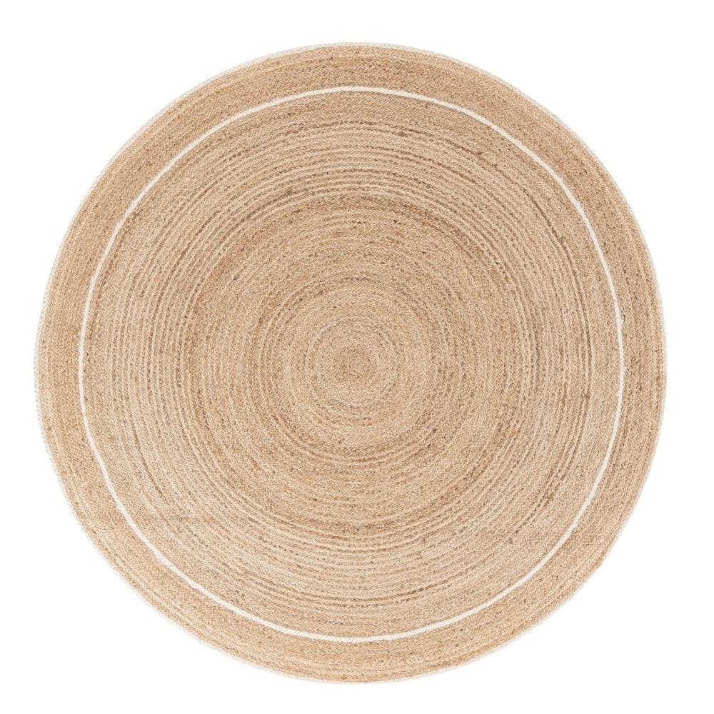 Tappeto rotondo in juta naturale con doppia bordatura bianca, dal design minimal e texture intrecciata.
