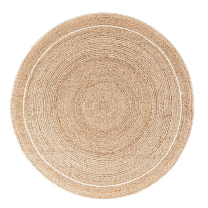 Tappeto rotondo in juta naturale con doppia bordatura bianca, dal design minimal e texture intrecciata.