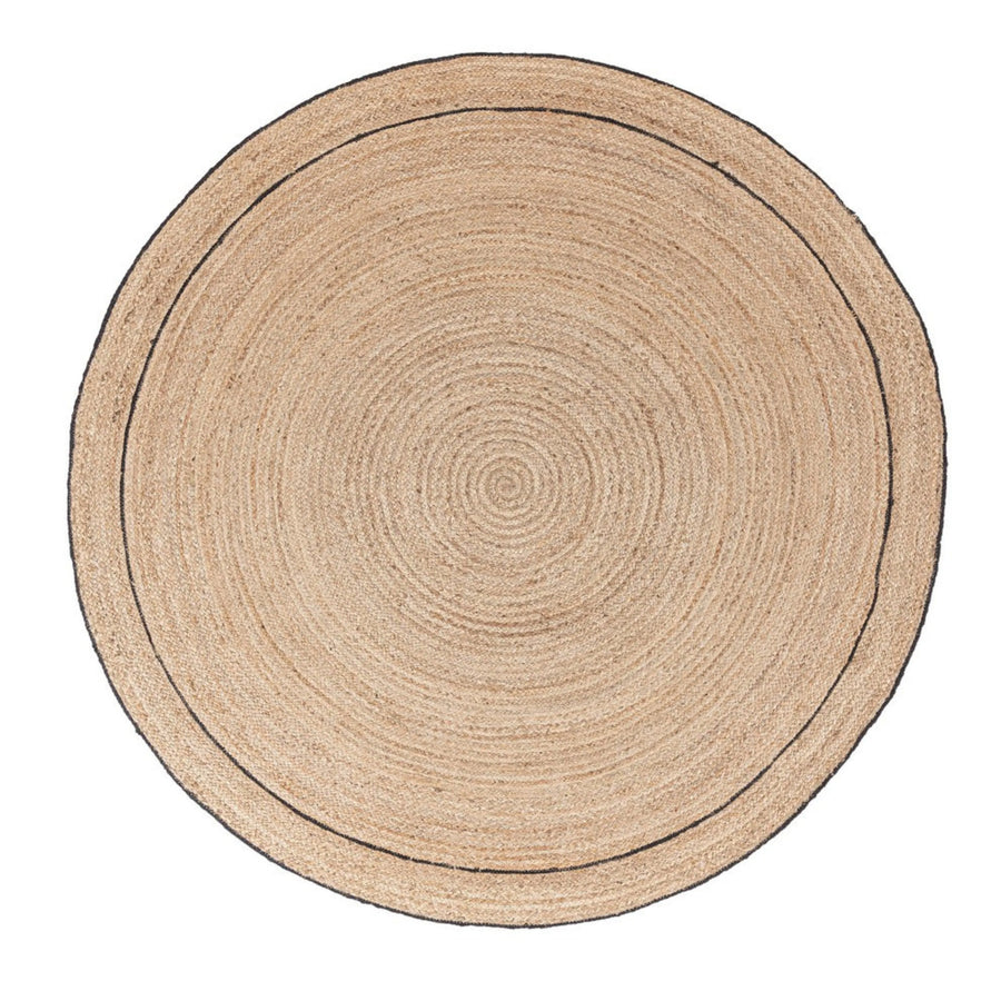 Tappeto rotondo in juta naturale con doppio bordo nero decorativo, ideale per ambienti eco-friendly e dal design minimale.