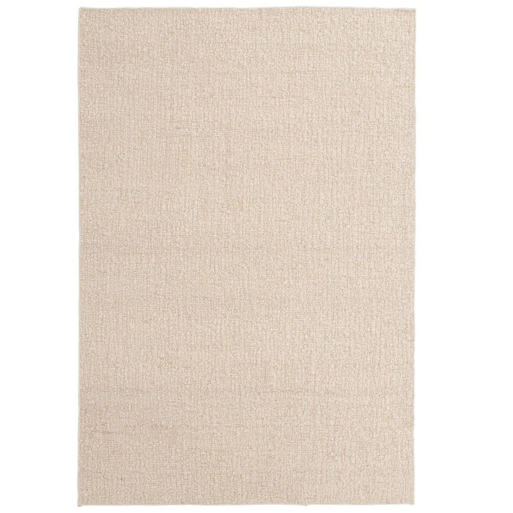 Tappeto rettangolare in fibra naturale di juta, colore beige chiaro, con texture intrecciata e superficie uniforme.

