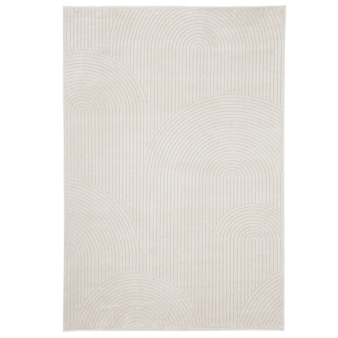 Tappeto moderno color avorio con motivo a righe curve concentriche, visto frontalmente nella sua interezza.