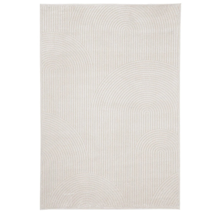 Tappeto moderno color avorio con motivo a righe curve concentriche, visto frontalmente nella sua interezza.