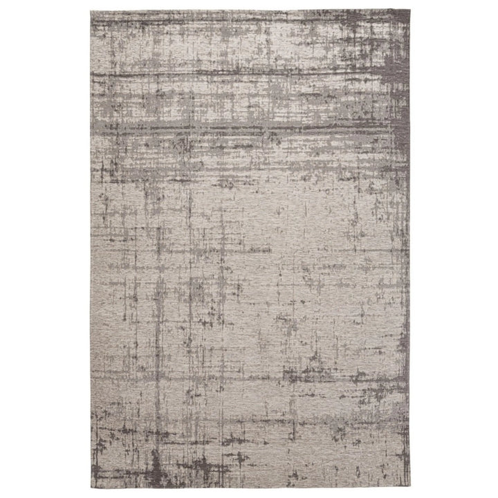 Tappeto moderno rettangolare con effetto pittura astratta in tonalità grigio e beige, design sofisticato e texture materica.