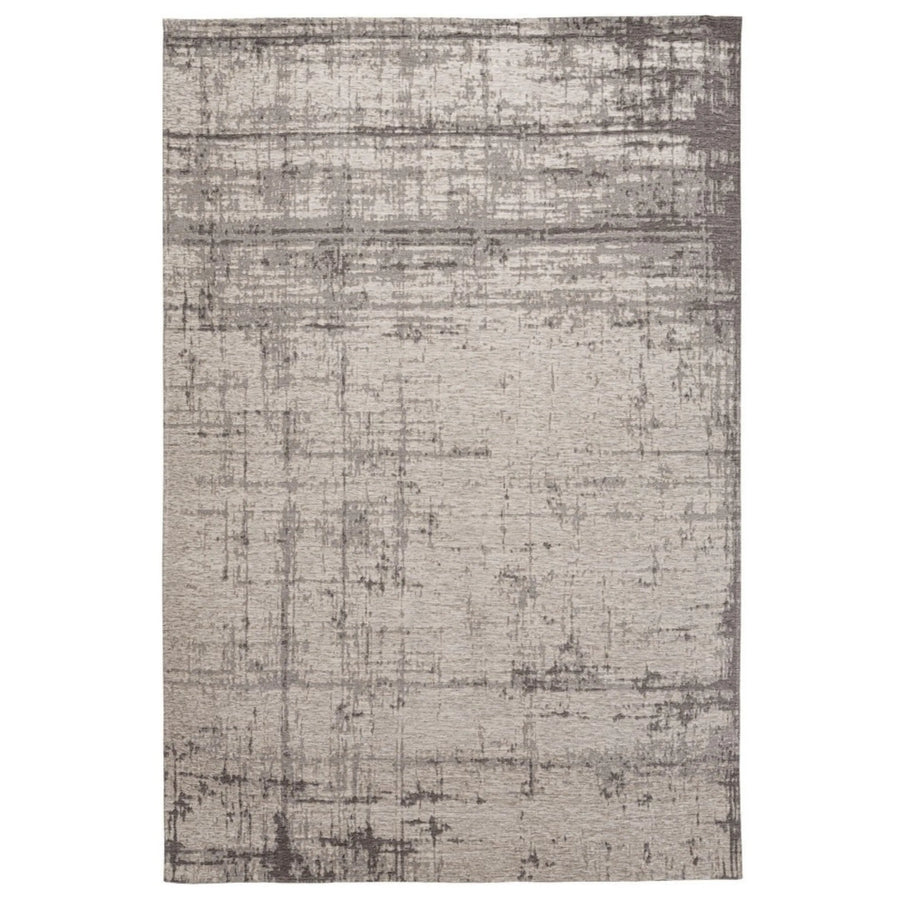 Tappeto moderno rettangolare con effetto pittura astratta in tonalità grigio e beige, design sofisticato e texture materica.