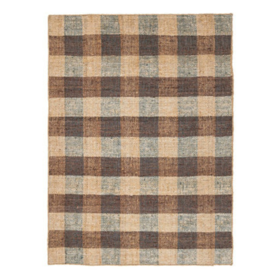 Tappeto in juta con motivo a scacchi nei toni naturali del beige, marrone e verde, perfetto per ambienti eco-chic e spazi dallo stile rustico-moderno.