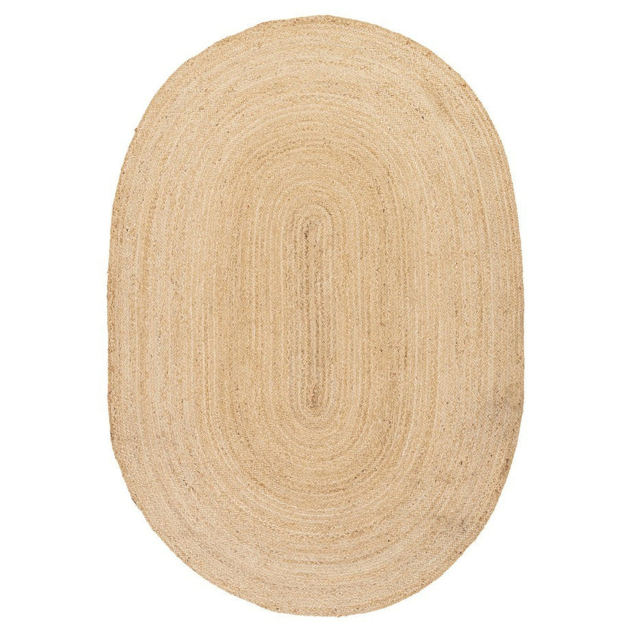 Tappeto ovale in fibra di juta naturale intrecciata con motivo a righe concentriche, stile minimal ed eco-friendly