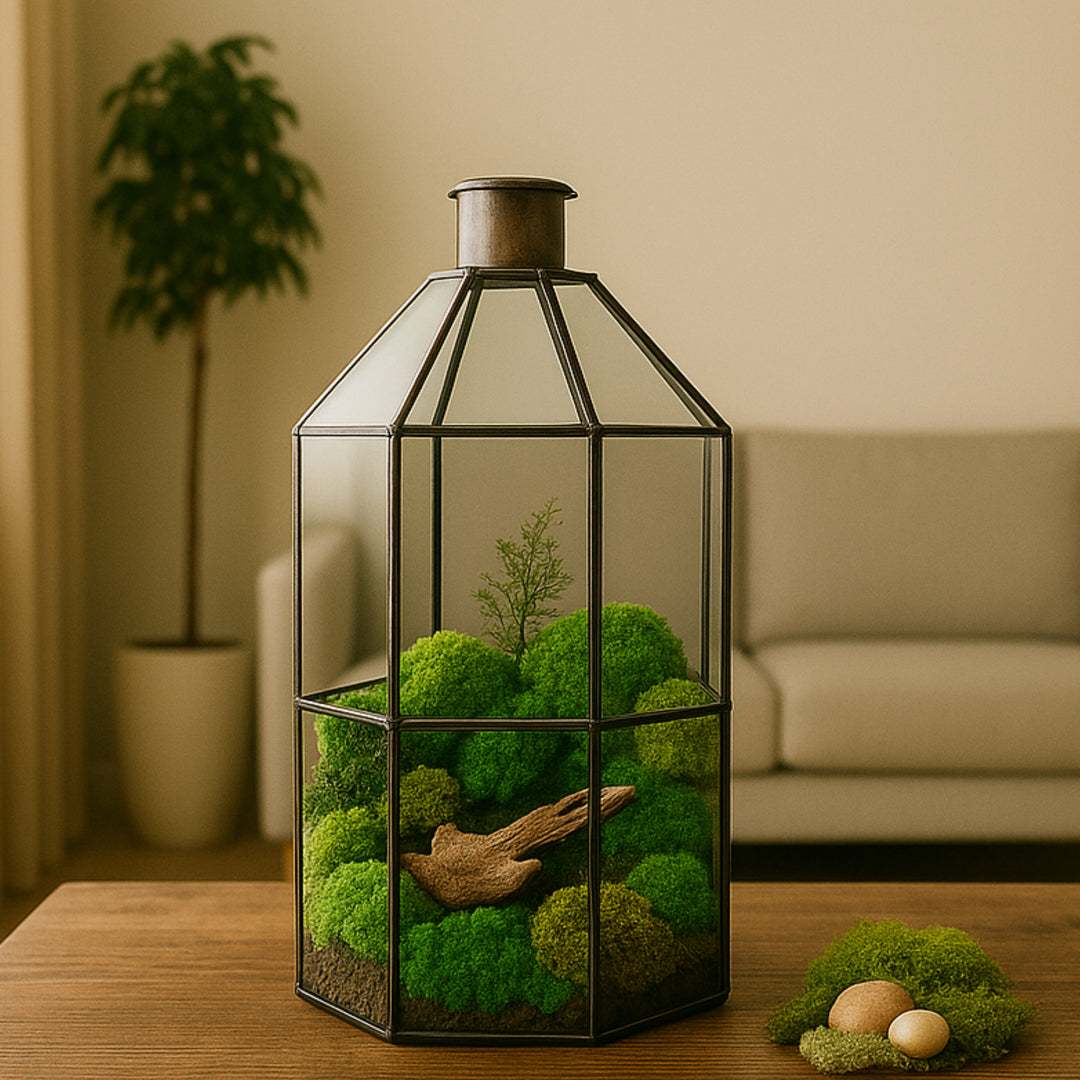 Terrario geometrico in vetro con muschio stabilizzato e legno naturale su tavolino in salotto moderno. Arredamento green elegante con elementi naturali, perfetto per decorazione d’interni sostenibile.


