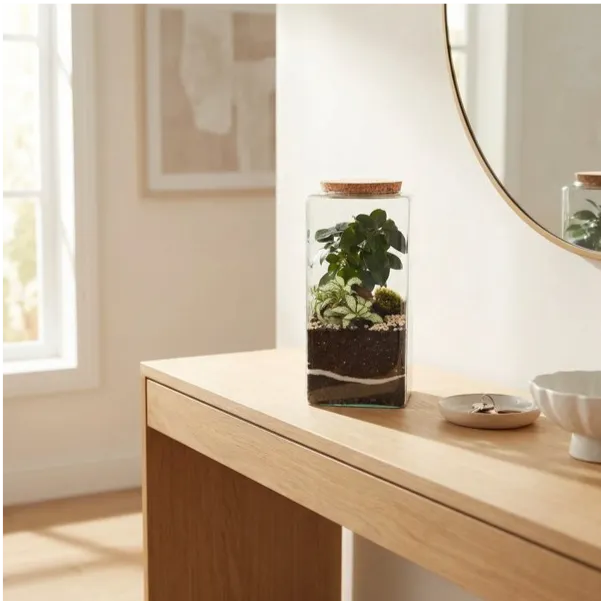 Terrarium decorativo su mobile console ingresso con specchio e accessori