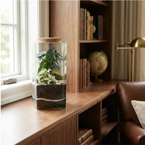 Terrarium elegante su libreria legno studio con libri globo e lampada