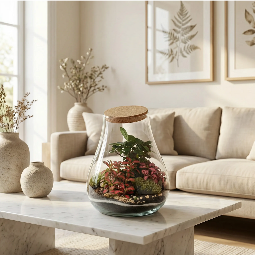 Terrarium decorativo a goccia su tavolino marmo in soggiorno moderno