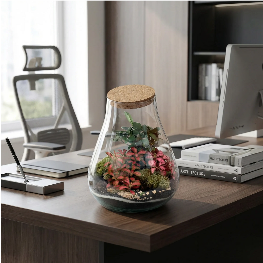 Terrarium 19x19 su scrivania ufficio con monitor e accessori design