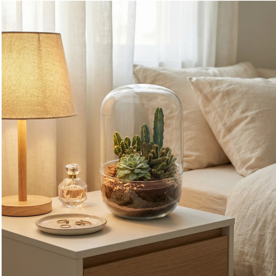 Terrarium cactus colonnari echeveria vetro cupola su comodino bianco camera. Lampada lino profumo gioielli. Luce mattutina serena elegante.