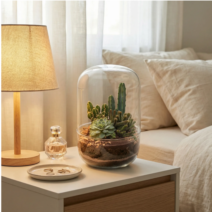 Terrarium cactus colonnari echeveria vetro cupola su comodino bianco camera. Lampada lino profumo gioielli. Luce mattutina serena elegante.
