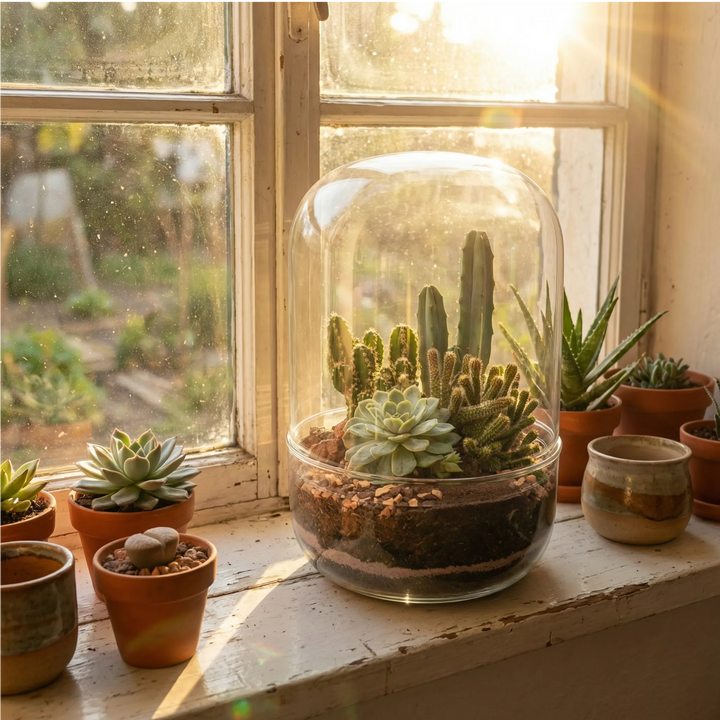 Terrarium Adele vetro cupola cactus colonnari echeveria su davanzale. Luce golden hour naturale dorata vasi terracotta. Collezione botanica luminosa.