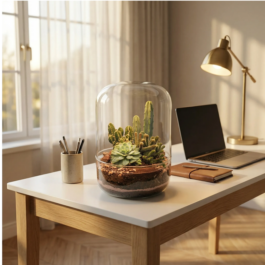 Terrarium Adele vetro cupola cactus colonnari echeveria su scrivania home office. Lampada ottone laptop luce calda. Workspace moderno produttivo.