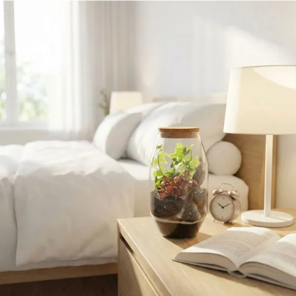 Terrarium su comodino legno chiaro con lampada, decorazione naturale per camera rilassante