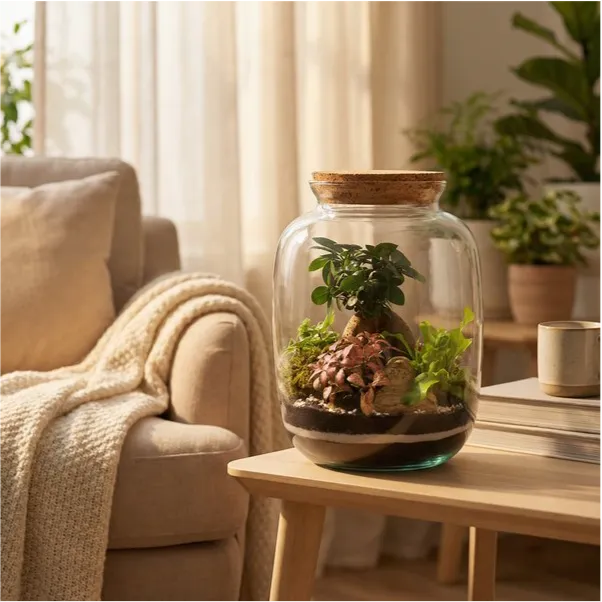 Terrarium anfora decorativo su tavolino angolo lettura con poltrona plaid e libri