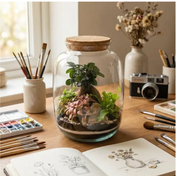 Terrarium anfora su tavolo creativo con acquerelli pennelli e materiali artistici