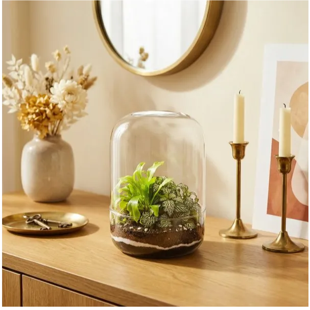 Terrarium campana decorativo console ingresso specchio ottone candele fiori secchi